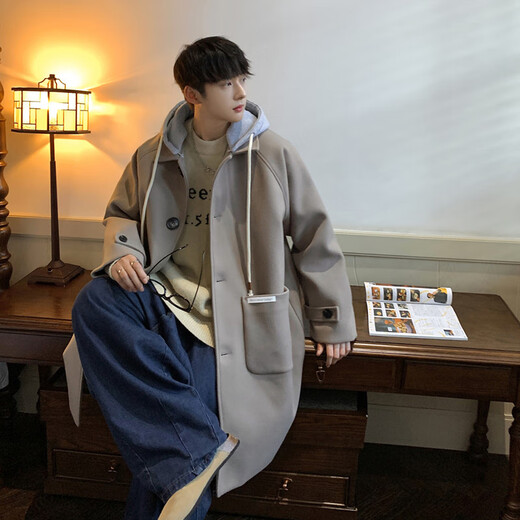 NEW OR MODE American mid-length woolen coat for men in autumn and winter, knee-high trendy brand windbreaker, thickened hooded woolen coat, off-white 2XL