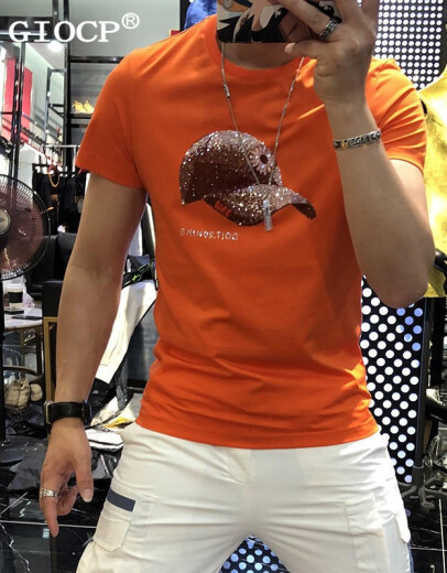 GIOCP香港潮牌夏季新款丝光棉帽子烫钻短袖网红个性潮流修身半袖T恤男 桔红色 733 帽子 4XL