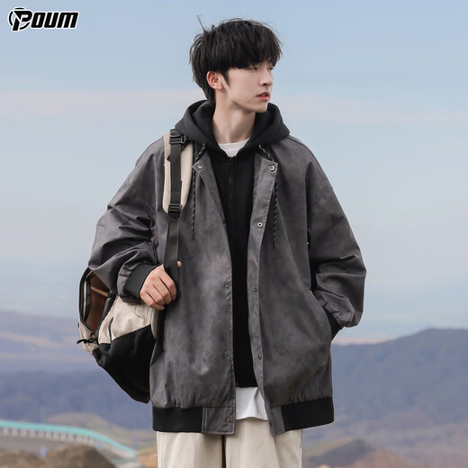 POUM fake two-piece hooded jacket men's autumn and winter trendy handsome casual jacket BL0660 black XL