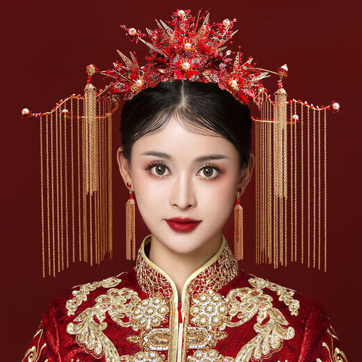 Lingchuan Xiuhe clothing headdress, elegant bridal phoenix crown, red step, long tassel, classical suit, wedding accessories, Xiuhe X-D33 phoenix crown ear clip with ear hook