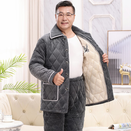 
Xuanduoqi pajamas men in winter thickened coral velvet three-layer cotton flannel dad middle-aged and elderly home clothes set C9901# black gray men [milk velvet] XXXL (165-200Jin [Jin equals 0.5 kg]) three-layer thickened