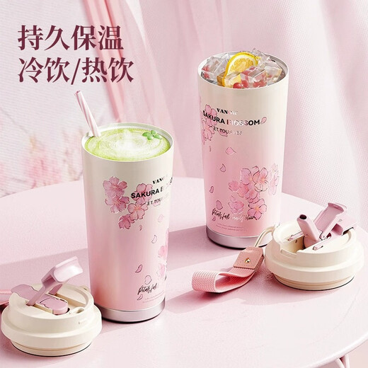 Vanow2025新款保温杯女高颜值高档伴手礼送老师水杯陶瓷内胆咖啡杯子 樱花粉-316不锈钢-红礼盒500ml