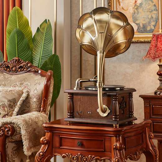 SHENGLINA American solid wood gramophone retro nostalgic national old-fashioned record player antique large speaker audio European vinyl record player record player walnut color single host copper speaker