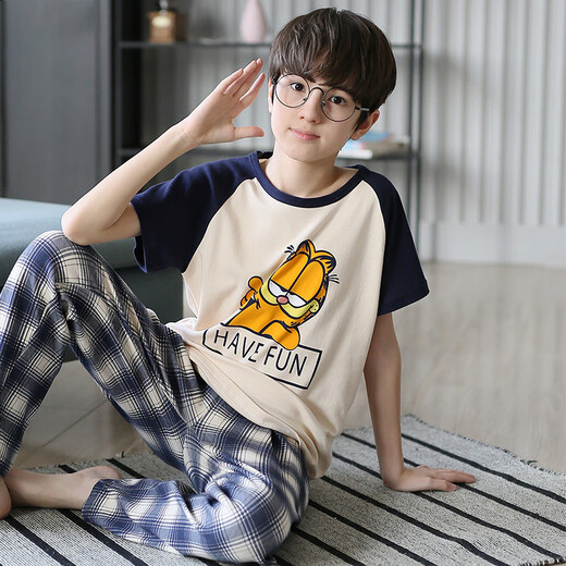 EMBERLOVE男童睡衣夏季薄款儿童短袖长裤纯棉家居服小男孩中大童青少年套装 N9901【短长】 165 cm L码 100-115斤