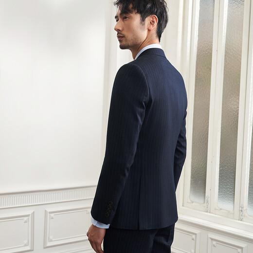 Guillaume (G MONS) suit men's suit men's suit men's slim business suit men's wedding groom casual vertical striped suit suit navy blue top + pants two-piece set 52