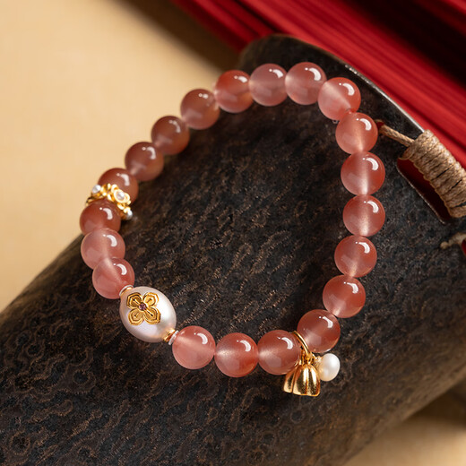 BOSFRU Natural Authentic Transparent Southern Red Bracelet Female Pink Pearl Transfer Beads Beaded Bracelet Birthday Gift for Girlfriend Wenwan Inlaid Pearl Ice Transparent Southern Red Bracelet Bracelet Length 17cm