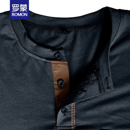 ROMON (ROMON) European and American men's long-sleeved T-shirt in spring and autumn new polo shirt Henry neck simple slim business sports polo shirt black L
