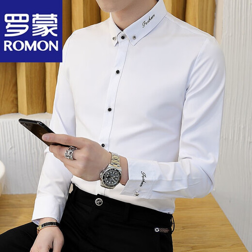 
ROMON solid color casual shirt men's long-sleeved spring and summer slim-free black shirt formal cotton white shirt middle-aged and young 829 black [micro-elastic anti-wrinkle] thin model 3XL reference 155-170Jin [Jin equals 0.5 kg]