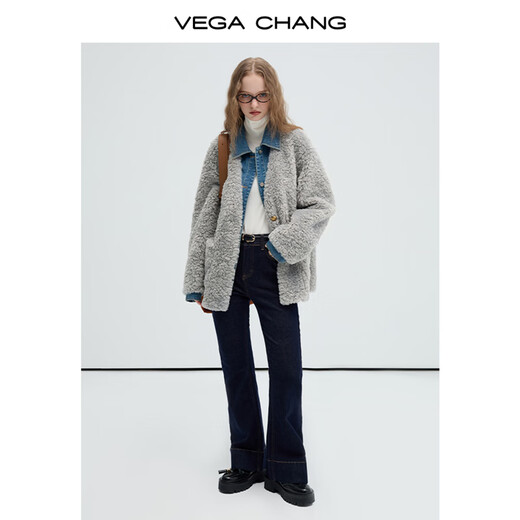 VEGA CHANG皮毛一体外套女2025年秋冬新款牛仔拼接假两件毛绒上衣 藜麦灰 S