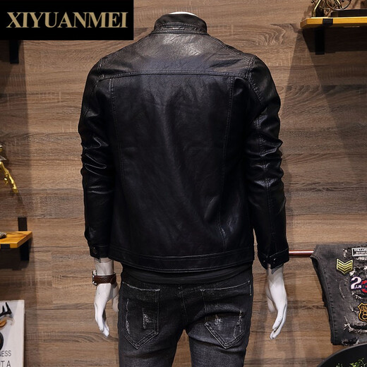 Mi Nishihara men's stand-collar leather jacket autumn Korean style trendy slim handsome leather jacket men's jacket FD6915 black M