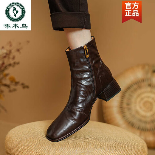Specht bequeme Leder-Nacktstiefel Mode Slim Boots Frauen 2025 Herbst und Winter Neues weiches weiches Fersenquadrat-Toe Retro Short Stiefel Schwarz 38