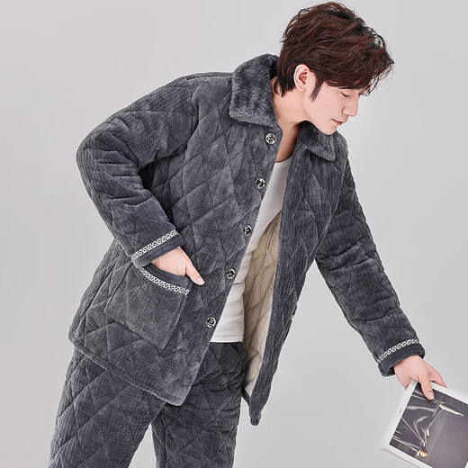 
Xuanduoqi pajamas men's three-layer thickened coral velvet cotton flannel warm home clothing set autumn and winter style C9903# black gray men [milk velvet] XL (125-145Jin [Jin equals 0.5 kg]) three-layer thickened