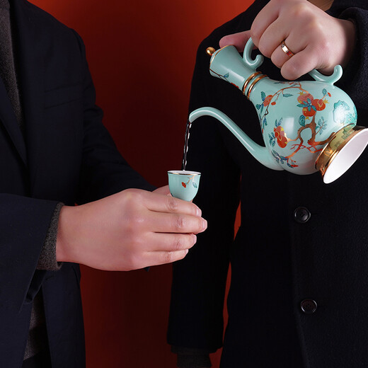 Gao Chun Ceramics Gao Chun Ceramic White Wine Cup Set Household Wineware Wine Flask Sake Yellow Wine Cup Antique Chinese Style High-end Light Luxury Gift Gift Golden Golden Branch Flask 1 Pot 8 Cups