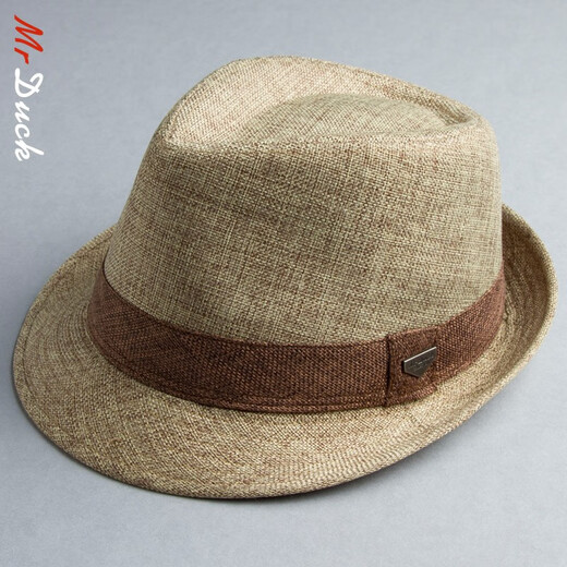 Mr DUCK British Gentleman Hat Curly Top Hat Middle-aged Jazz Hat High-end Hat Men's Summer Sunscreen Straw Hat Large Head Circumference Brown (Adjustable Hat Circumference)-MS13014 M (Suitable for 56-58cm head circumference)