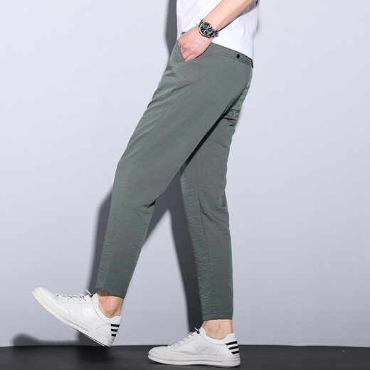 Hunpai Wolf Summer Thin Cropped Pants Men Fashionable Men's Casual Pants Lightweight Pants Trendy Elastic Feet 9-point Pants Cropped Pants R3884 Gray Green Ultra-Thin Style 2XL