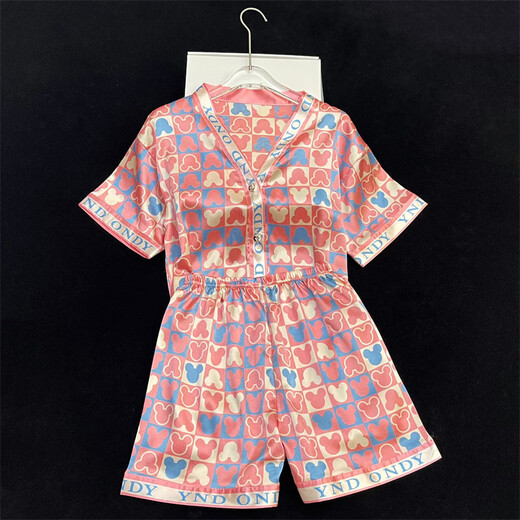 Mobeihai summer pajamas for women ice silk cute printed shorts shorts casual cardigan bestie can wear home clothes set YFY-9902# pink letter M Recommended 80-100Jin [Jin equals 0.5 kg]