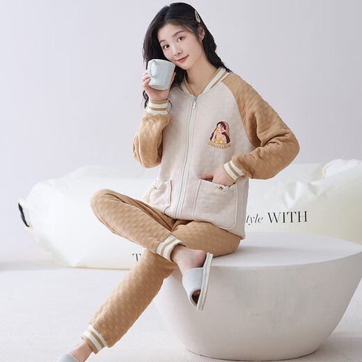 
Qianzhiya (QIANZHIYA) pajamas for girls in autumn and winter thickened pure cotton mezzanine long-sleeved home clothes plus cotton air cotton warmth thin cotton set MFT-15275# Women's M/160