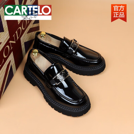 CARTELO new men's casual leather shoes, patent leather slip-on slip-ons, glossy thick-soled large leather shoes, business formal wear, black heightening 39
