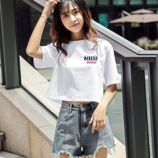 Ran Yilan wide navel short white cotton T-shirt for women short sleeves 2021 summer new short high waist top T-shirt 897# (short) S 60-85Jin [Jin equals 0.5 kg]