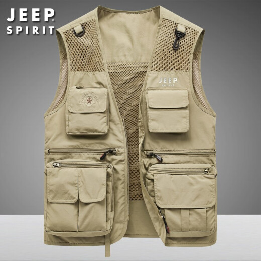 Jeep (JEEP) mesh vest for men in summer outdoor fishing photography multi-pocket quick-drying loose casual sleeveless jacket with custom printing ZGQ9322 Khaki XL