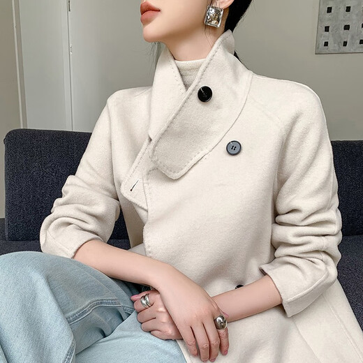 Pash Doppelseitige Mantel für Frauen 100% Woll Herbst und Winter Dicker Standkragen Einfacher lässiger Wollmantel RT-826 Off-White S (90-110jin [Jin gleich 0,5 kg])