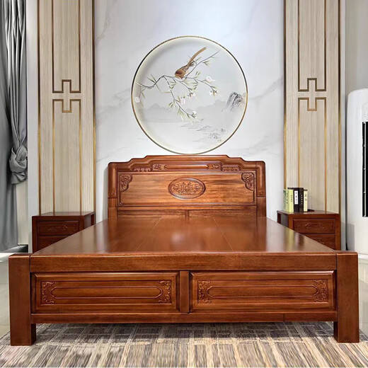 Millennium Shengshi Solid Wood Bed Golden Rosewood Antique Double Bed Chinese Carved Large Bed Classical Bedroom Furniture Rosewood Solid Wood Bed 1.8*2.0m Full Mortise and Tenon Style