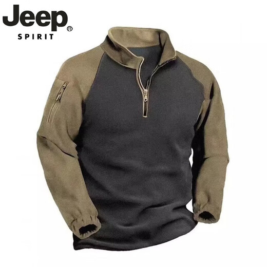 JEEP SPIRIT thickened velvet contrast stand collar half-zip handsome sweatshirt men's versatile winter warm splicing casual base layer military green M