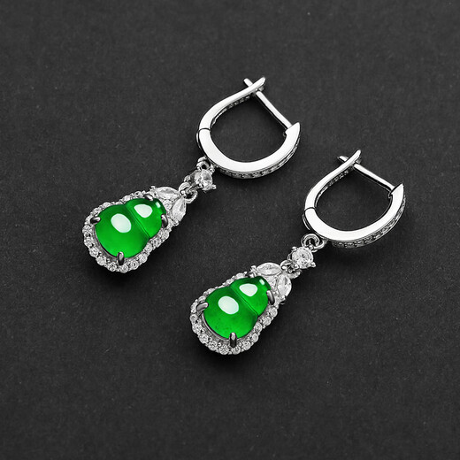 Purple glass Yang Mi's same style S925 silver inlaid with imperial green A-grade jade gourd ice earrings earrings Chinese Valentine's Day gift Imperial green jade gourd earrings