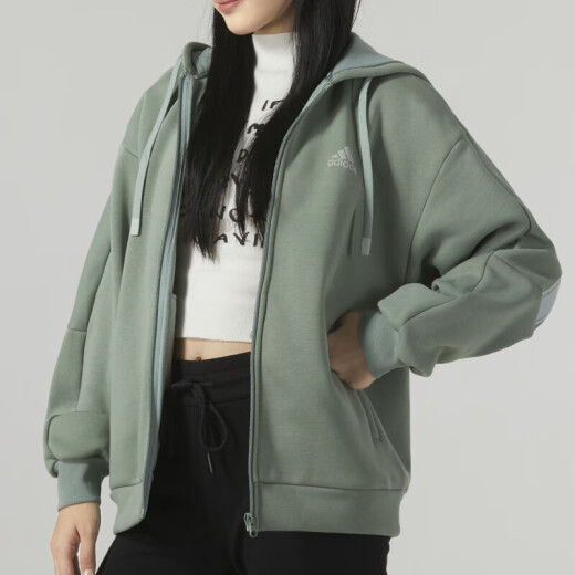 Adidas 阿迪达斯女装夹克春季新款运动服针织连帽跑步健身户外上衣外套 IK9894/银灰绿/加绒 L