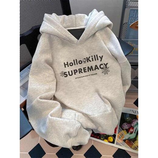 Ruyal Japanese lazy style kitty cat hooded sweatshirt for women in autumn and winter plus velvet warm tops retro loose jacket white gray regular L recommended 100Jin Jin equals 0.5kg to 120Jin Jin equals 0.5kg