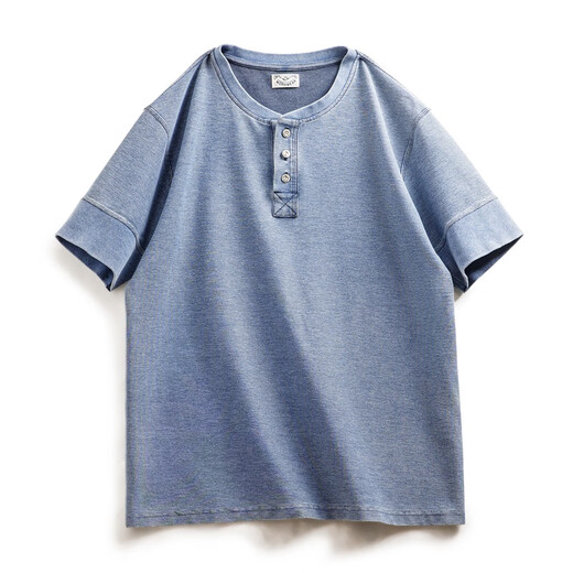 Maden Workswear American Retro Og Knited Denim Henry Shirt Ami Kaji Old Tough Guy T-shirt à manches courtes Indigo d'été masculin (Bleu lavé) XL