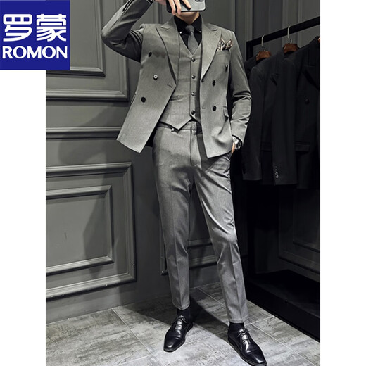 ROMON Italian-style lapel suit men's spring slim-fit handsome double-breasted business plus-size groom's wedding dress three-piece suit black suit + vest + trousers black XL