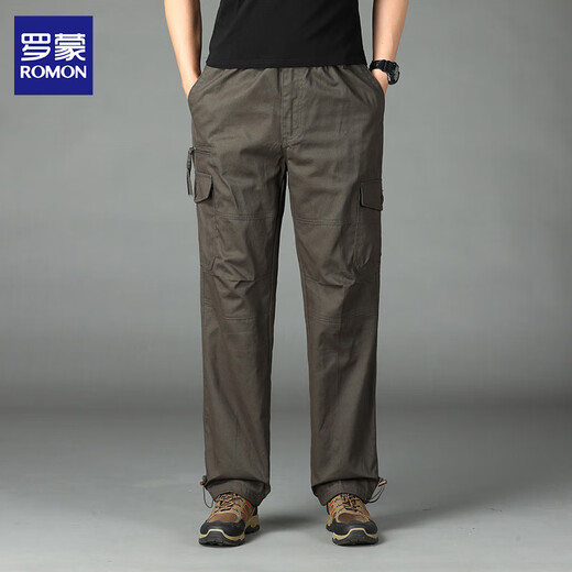 Luo Meng Overalls Men's Pure Cotton Autumn New Style Young and Middle-aged Pants Loose Straight Men's Casual Pants Outdoor Wear-Resistant Men's Pants J18 Dark Green Single Piece XL About 140-160 Jin Jin is equal to 0.5 kg