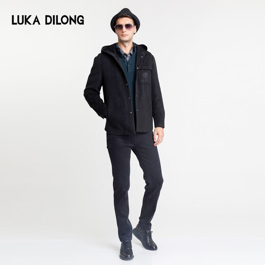 Lucadilong [Wolle + Mulberry Seide] Klassischer Stil personalisierter Modemuster gedruckter Taschenmänner Wolljacke Männer schwarz l 50
