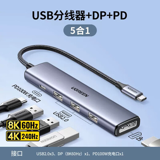 
Green Network (UGREEN) Type-C docking station USB-C to HDMI converter 3.0 splitter for Apple computer converter MacBook Air for iPad Pro laptop 5-in-1 [DP screen projection 8K+HUB+PD]15905