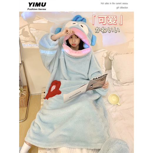 Duoxianju funny clown fish coral velvet pajamas best friend couple cartoon one-piece long nightgown home clothes thickened blue shark single nightgown #4839 M Recommended 75-120Jin [Jin equals 0.5 kg]