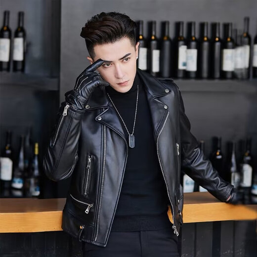 JUSHAO Trendy Herren Lederjacke Herrenleder Jacke koreanischer Stil Slim Short Youth Motorcycle Lederjacke Herrenmode W79 Schwarz 2xl