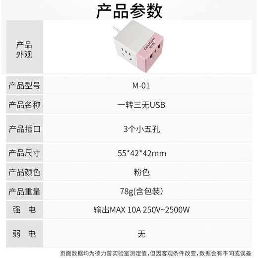 Delipow power strip, one to three multifunctional sockets, USB charging head/wireless socket converter/travel conversion plug, one to three plugs, pink