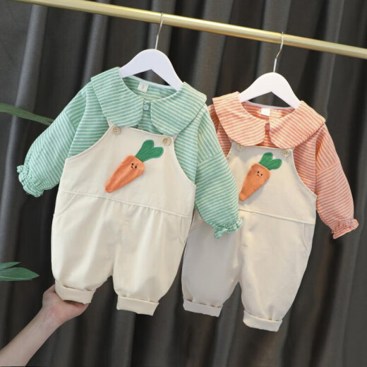 Black and white brand children's spring and autumn suit one-year-old baby clothes girl clothing toddler little girl overalls two-piece set orange two-piece set [top + overalls] 80 size recommended 8-12 months (70-80cm)