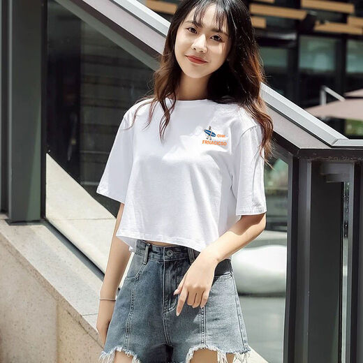 Ran Yilan wide navel short white cotton T-shirt for women short sleeves 2021 summer new short high waist top T-shirt 897# (short) S 60-85Jin [Jin equals 0.5 kg]