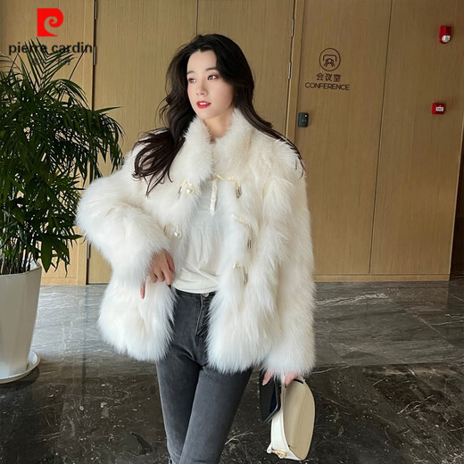 皮尔卡丹皮草外套女2024冬新款气质名媛狐狸毛短款皮毛一体水貂毛绒大衣 奶白色 M