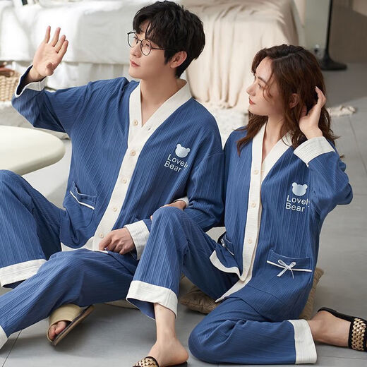 Shanshili buy one get one free couple pajamas for women autumn and winter cotton long-sleeved cardigans Korean style men's pajamas home wear spring long-sleeved cardigans of 1234 two sets of prices women's 3XL and men's 3XL