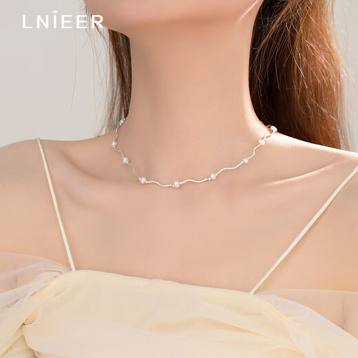 Lnieer925 Silver Freshwater Pearl Wave Necklace Women's Simple Light Luxury Design Versatile French Retro Clavicle Chain Necklace Freshwater Pearl Necklace S925 Silver