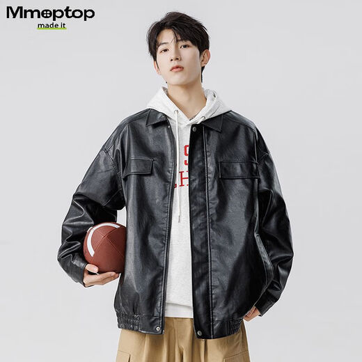 MMOPTOP American Lapel PU Leather Jacket Men's Spring and Autumn Flying Staff Jacket 6073 Agate Black 3XL