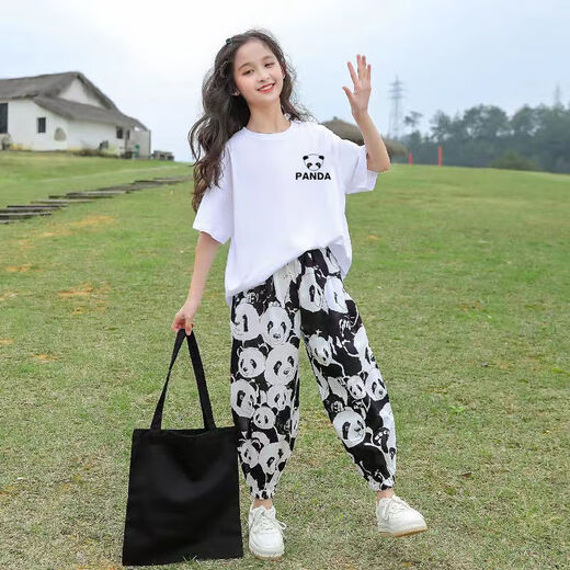 芭菲悦女童套装夏款装儿童装运动衣服中大童女孩短袖长裤夏季两件套衣服 681女熊猫套装-白 170建议身高160-170CM左右