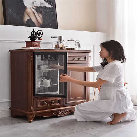 He Jiangong Tea Bar Machine Integrated Cabinet European Tea Cabinet European Solid Wood Tea Bar Machine Home Fully Automatic American Intelligent New CZZ9905/with Disinfection-Red Brown Solid Wood Three-door Style Ice Heat