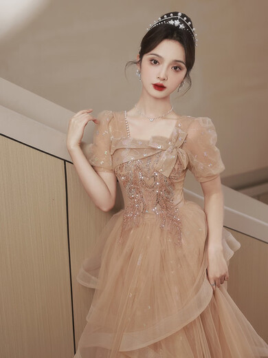 Fuyhao erwachsenes Kleid weiblicher 18-jähriger Student Tutu-Rock 2025 neues Bankett-Temperament leichtes Luxus-Nischen-High-End-Design Khaki lang (Champagnerfarbe) XL