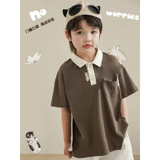 幼悠 三个伙伴数码印花翻领宽松清凉短袖T恤男童夏装衬衫背带裤潮 衬衫卡其（N3894） 90cm