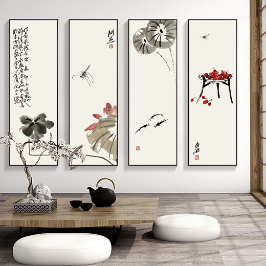 Manyu Qingsi Plum, Orchid, Bamboo and Chrysanthemum Living Room Decoration Painting Quadruple Tea Room Hanging Painting New Chinese Restaurant Sofa Background Wall Painting Ink Painting CY402 Plum, Orchid, Bamboo and Chrysanthemum 40*120cm*4 pieces Gold frame + shiny silver cloth