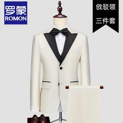 ROMON high-end casual suit men's suit groom wedding dress Korean version slim and handsome business formal suit two-piece suit 3188 black three-piece suit M (80-105)